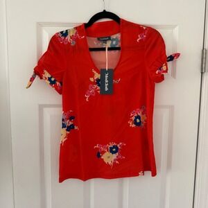ModCloth Orange Floral V Neck Tie Short Sleeve Blouse Top XXS Bold Bright Preppy